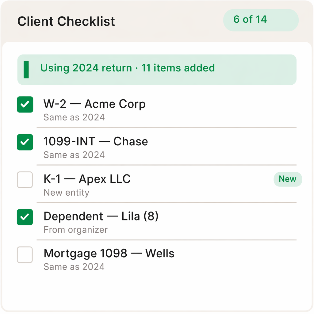 Prior-year return turned into per-client tasks