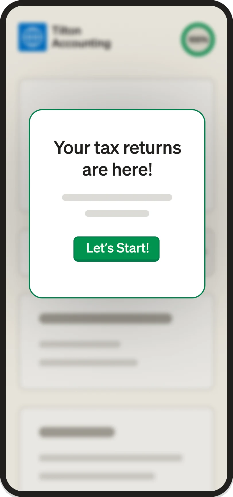 Truss mobile client view announcing that tax returns are ready with a Let's Start button